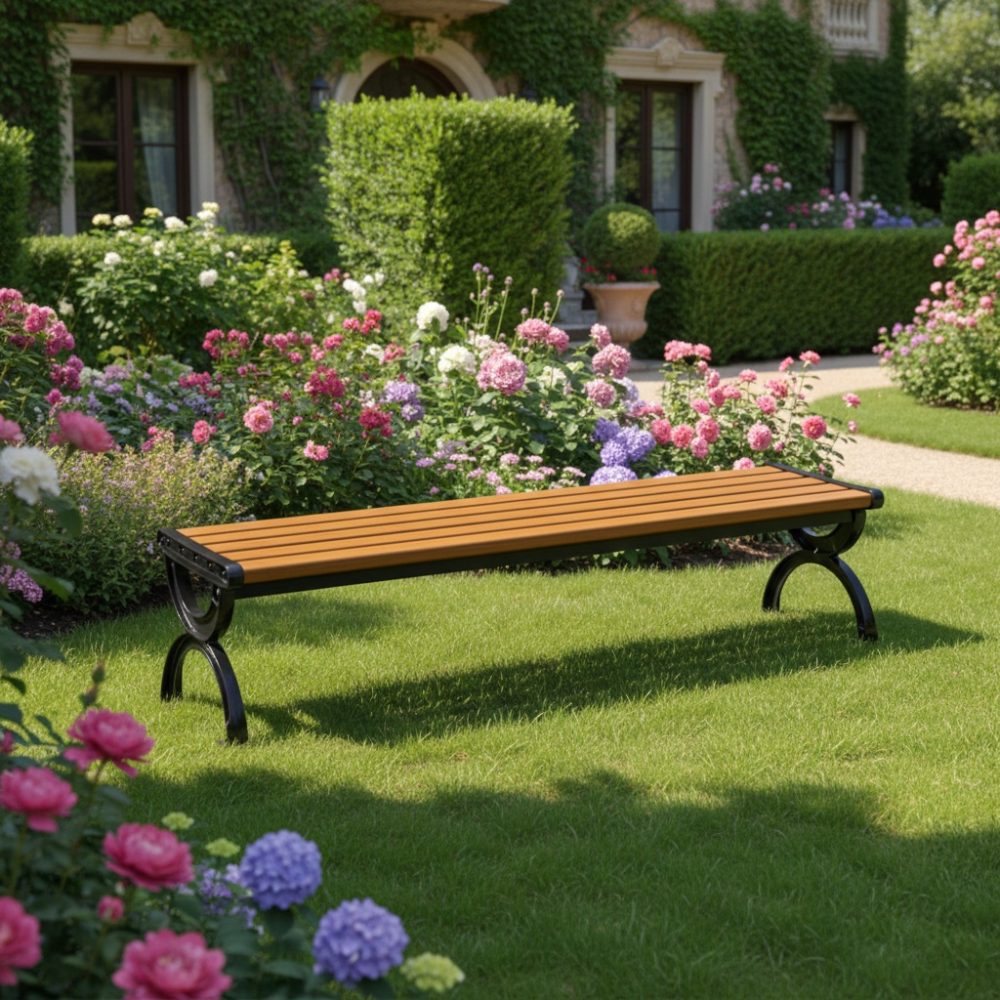 Patio Wood Garden Bench with Black Metal Frame