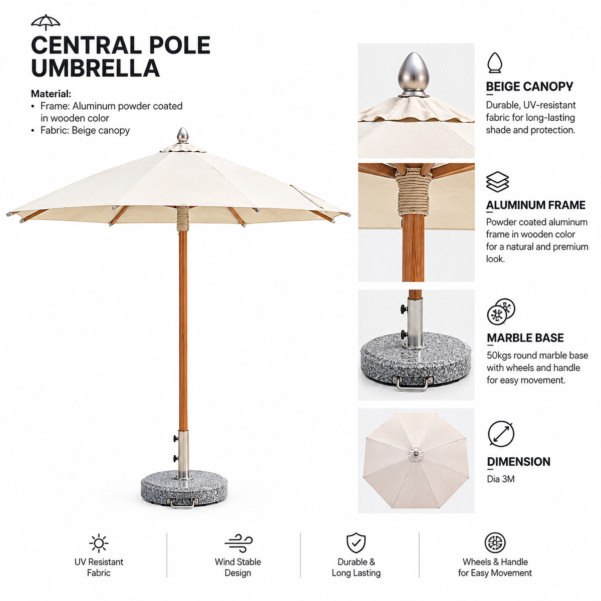 Patio 3M Central Pole Outdoor Umbrella with Aluminum Frame & Fabric Canopy - Wooden/Beige