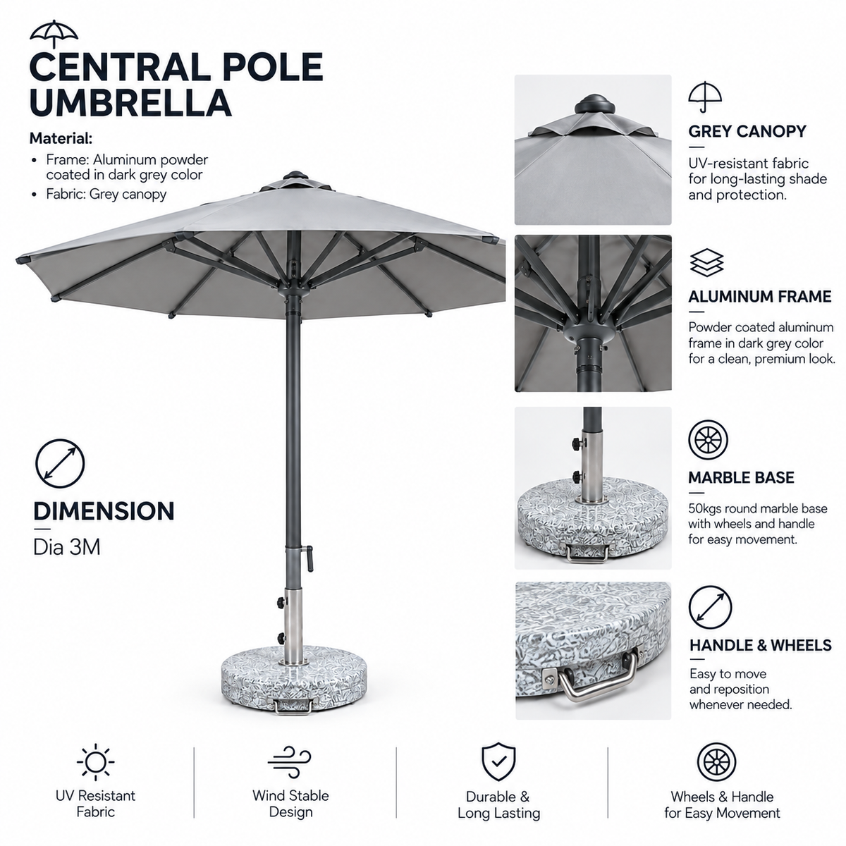 Patio 3M Central Pole Outdoor Umbrella with Aluminum Frame & Fabric Canopy - Dark Grey
