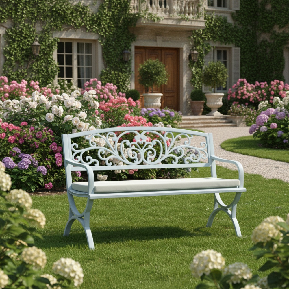 Patio White Steel Garden Bench with Cushioned Seat