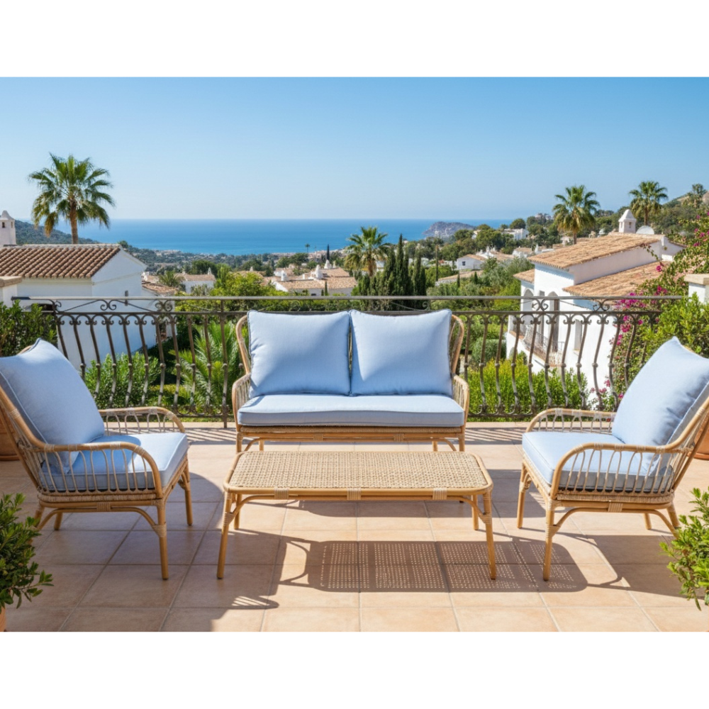 Patio 4-Seater Aluminum Lounge Set with Wood-Paint Finish & Blue Cushions