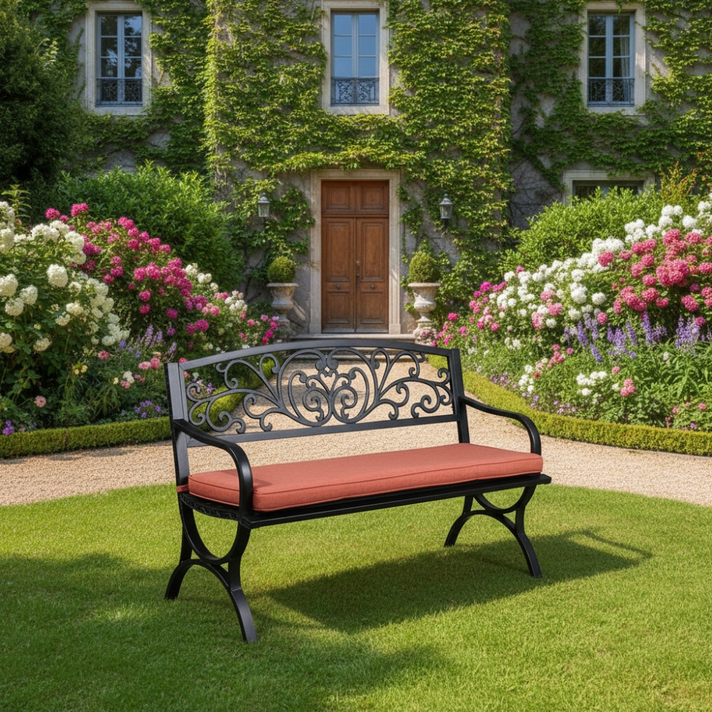 Patio Black Steel Garden Bench with Cushioned Seat