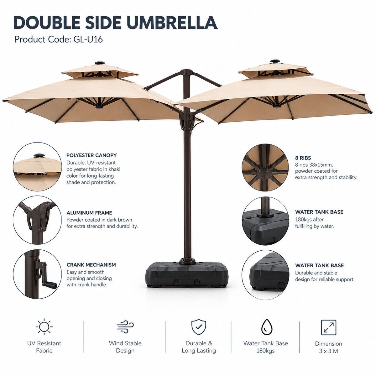 Patio 3x3M Double-Sided Outdoor Cantilever Umbrella with Polyester Canopy - Dark Brown/Khaki