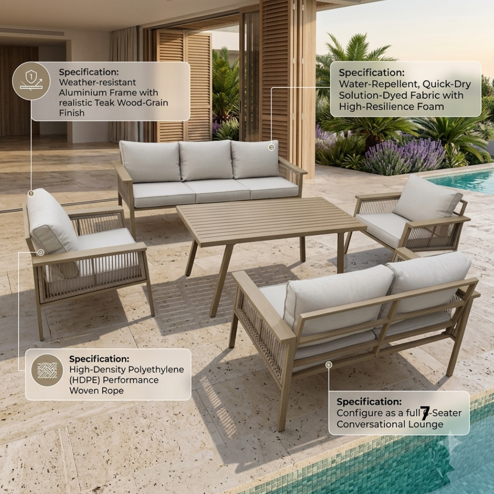 Patio 7-Seater Aluminum Outdoor Sofa Set with Coffee Table, Khaki
