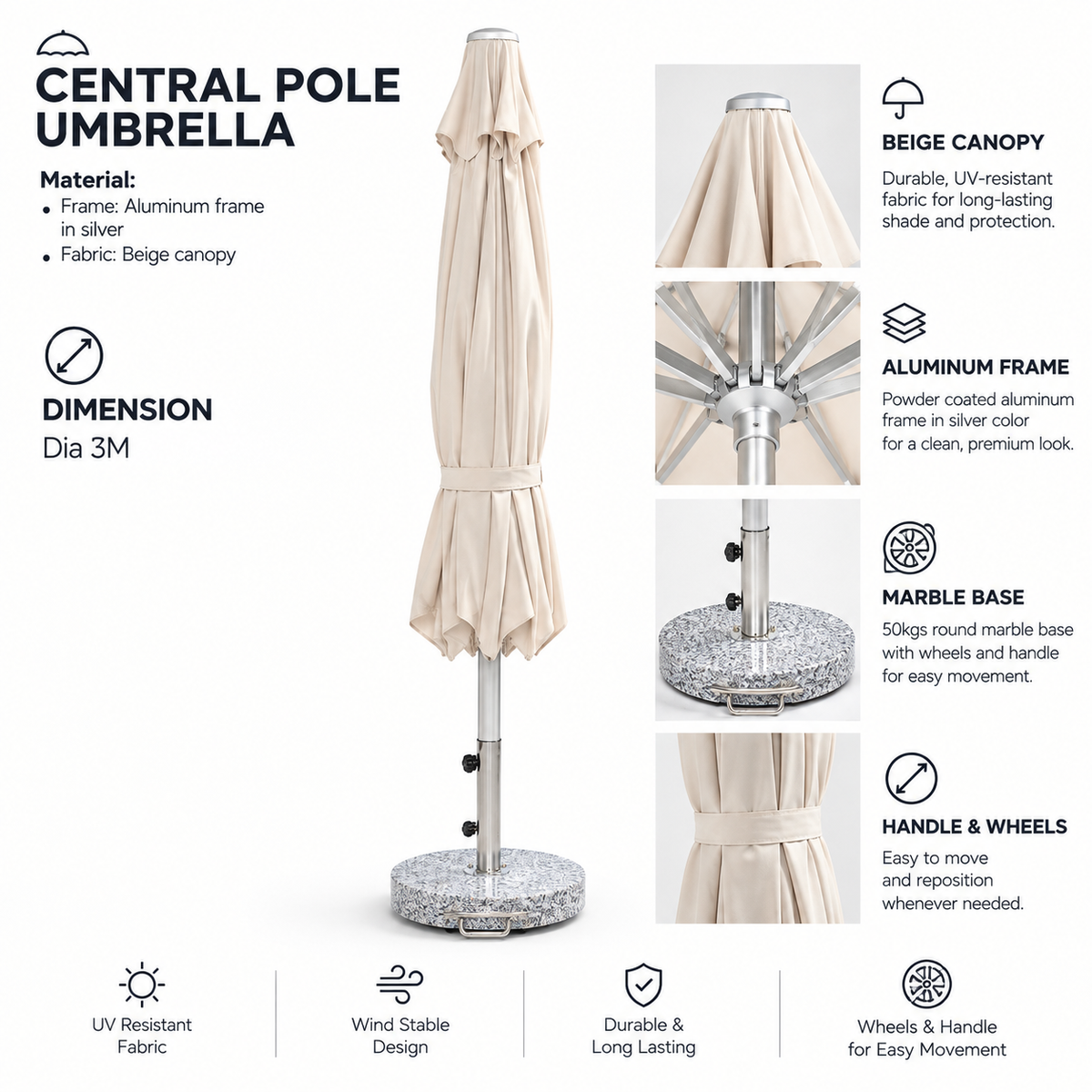 Patio 3M Central Pole Outdoor Umbrella with Aluminum Frame & Fabric Canopy - Silver/Beige