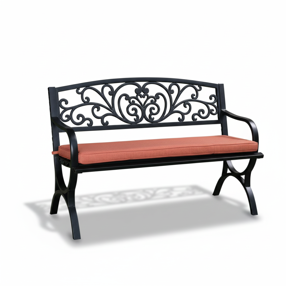 Patio Black Steel Garden Bench with Cushioned Seat