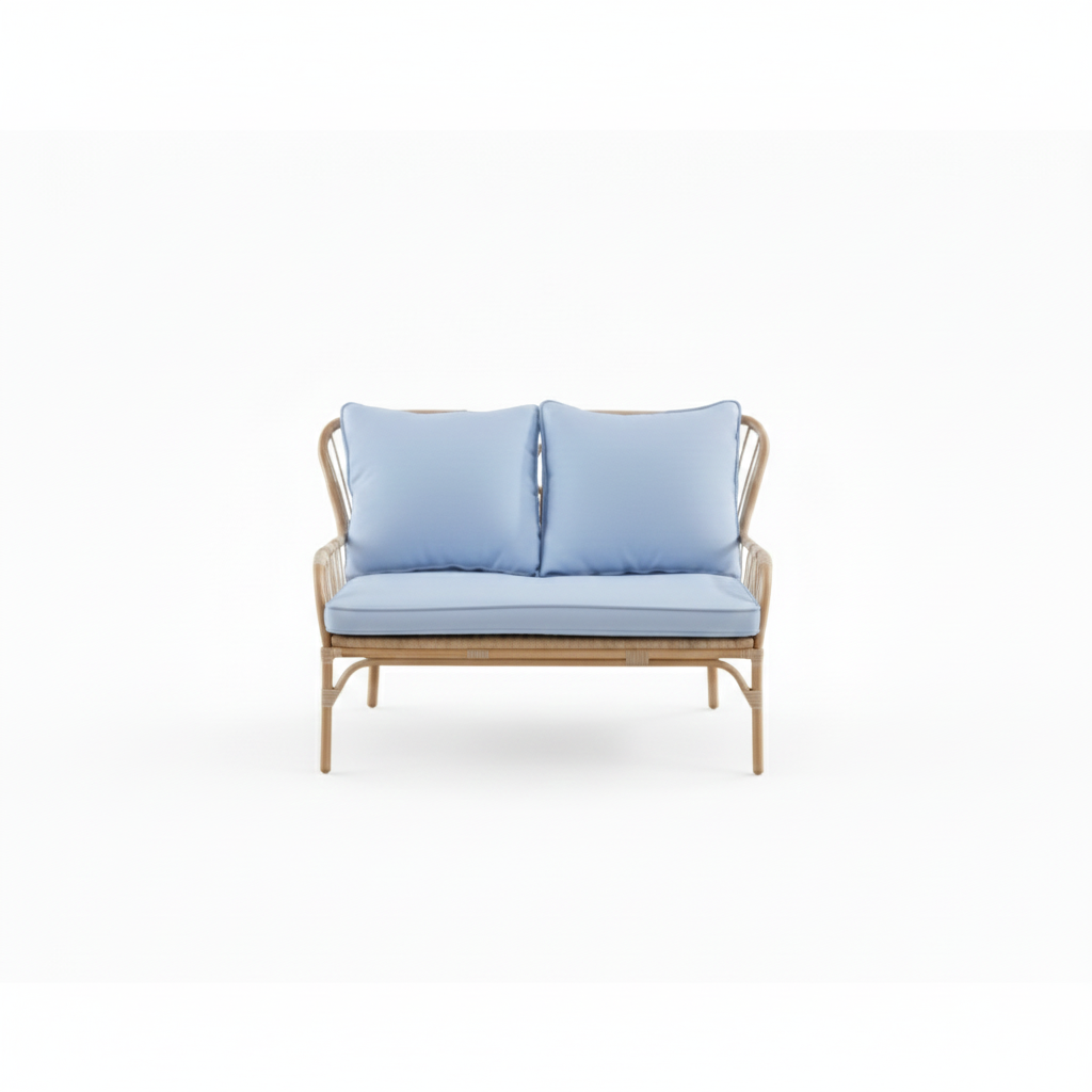Patio 4-Seater Aluminum Lounge Set with Wood-Paint Finish & Blue Cushions
