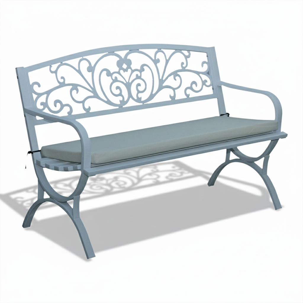 Patio White Steel Garden Bench with Cushioned Seat