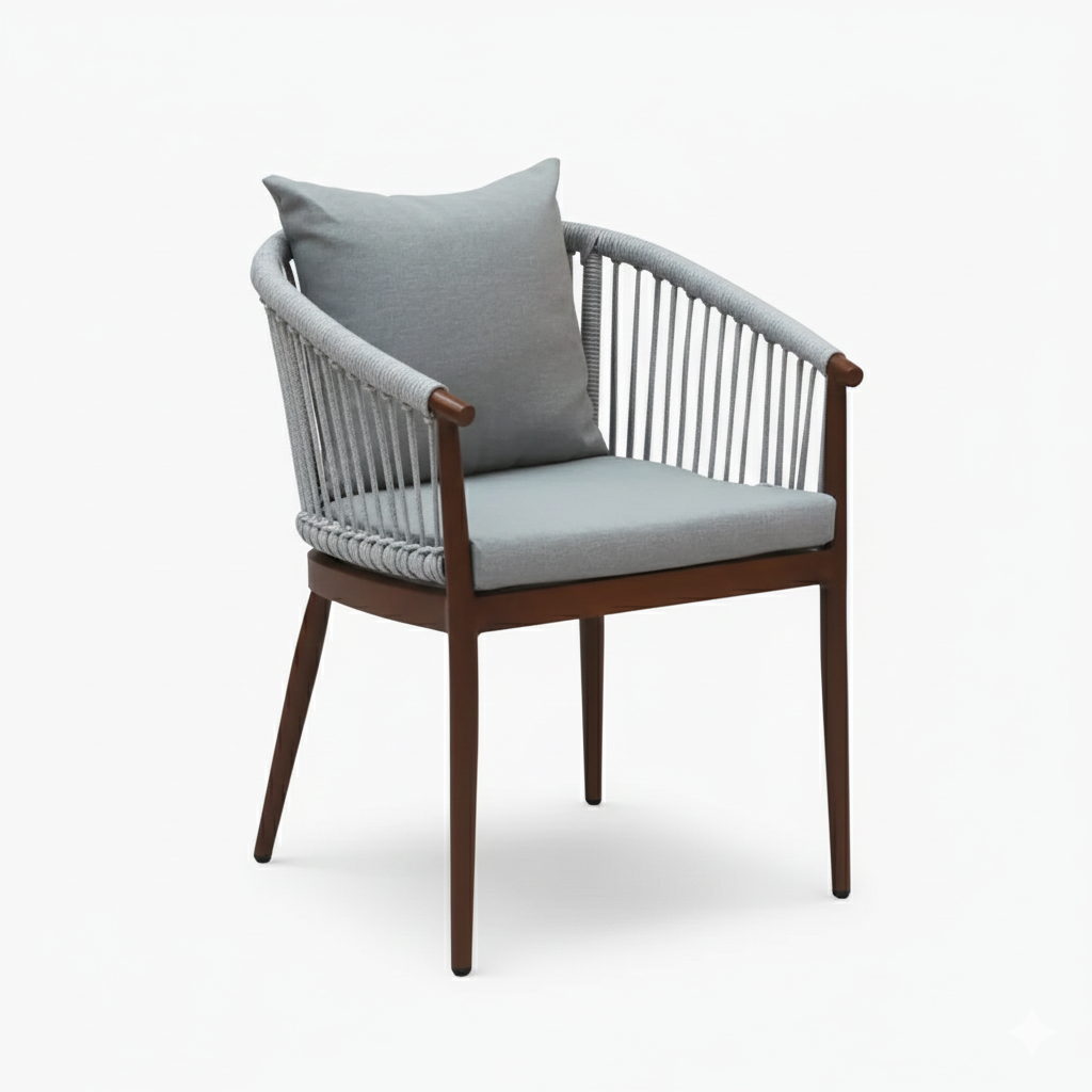 Patio Outdoor Aluminum Chair with Gray Cushion and Wood-Effect Frame