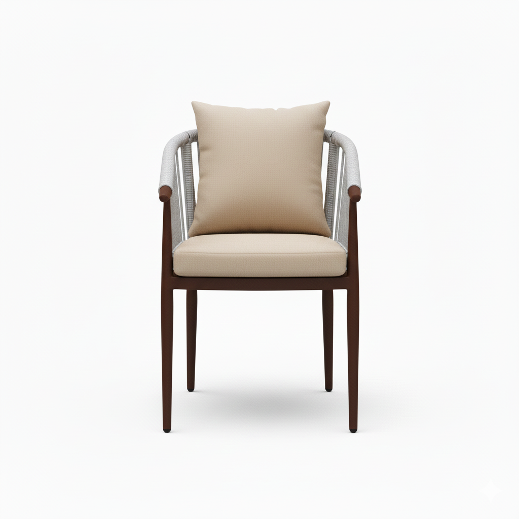Patio Outdoor Aluminum Chair with Beige Cushion and Wood-Effect Frame