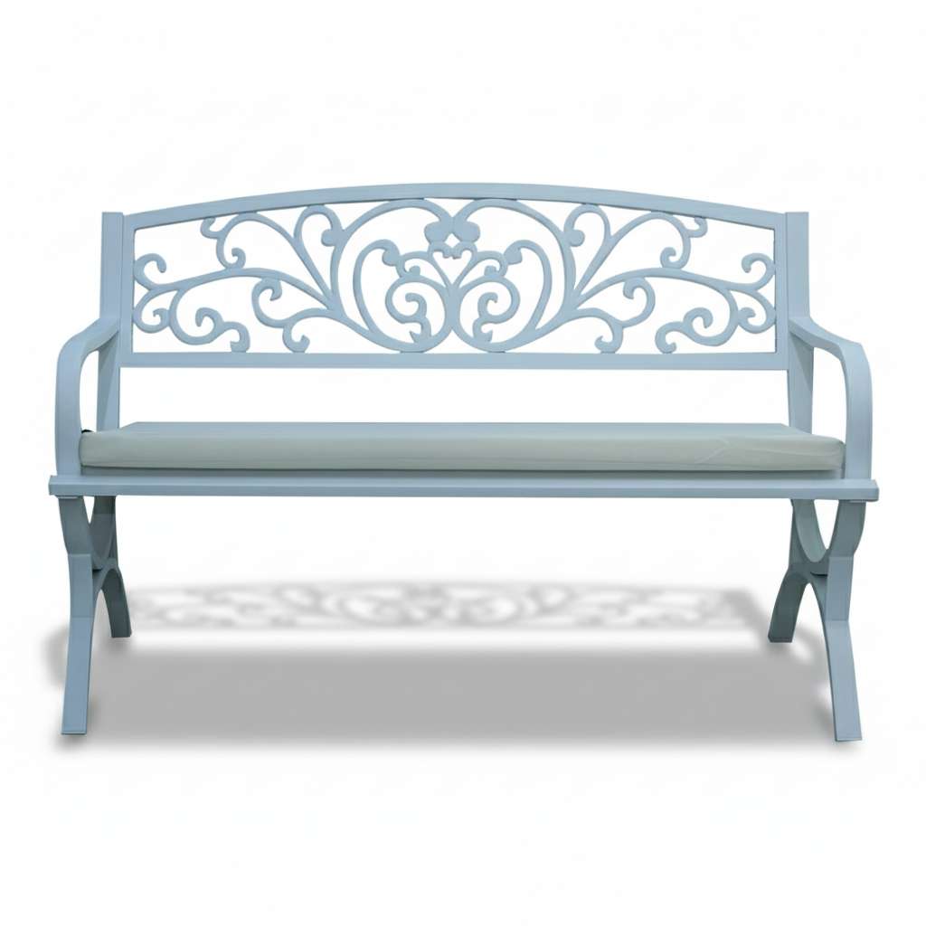 Patio White Steel Garden Bench with Cushioned Seat