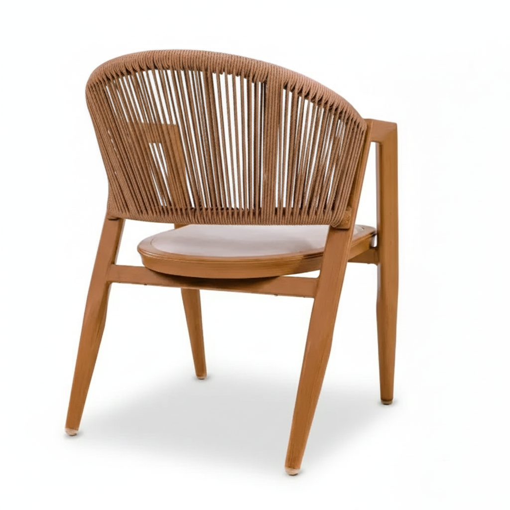 Patio Rope Dining Chair with Beige Cushion, Wood-Effect Frame