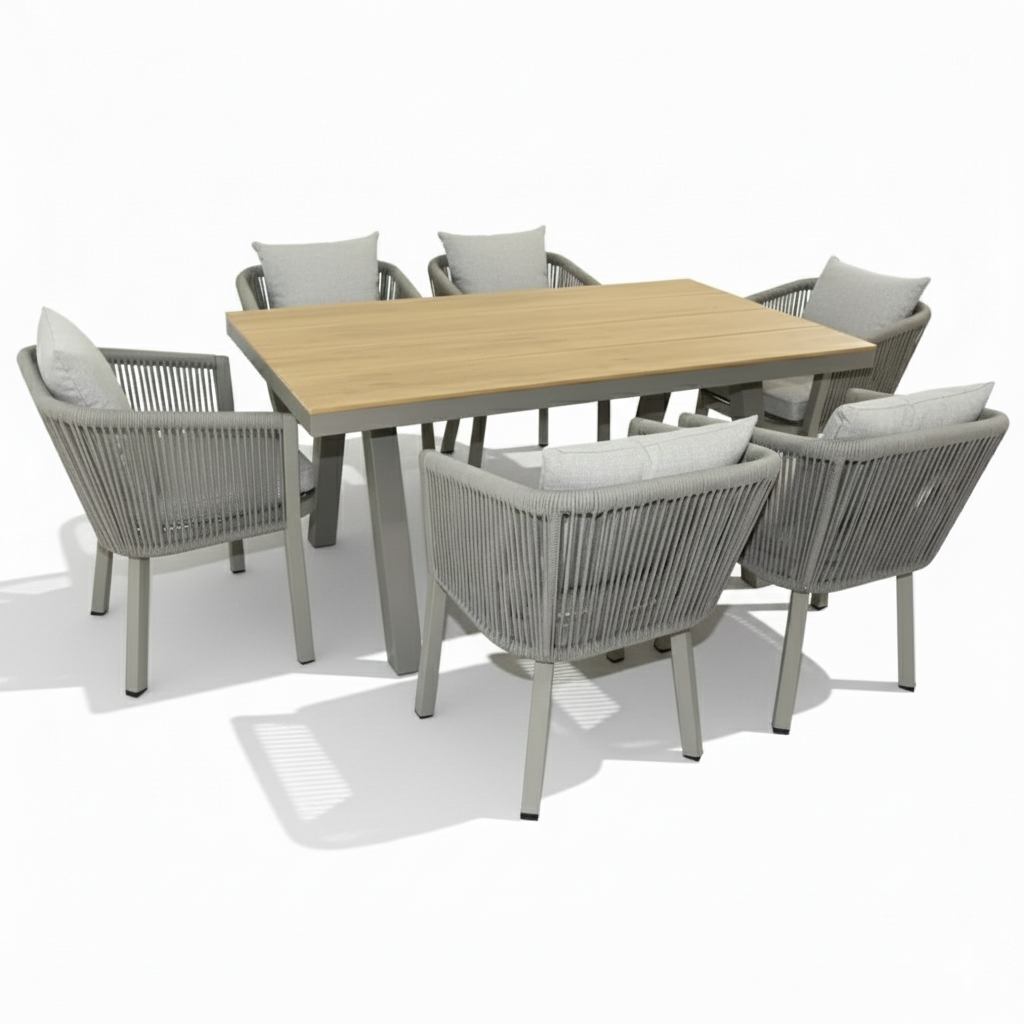 Patio Aluminum & WPC 6-Seater Outdoor Dining Set with Plush Cushions