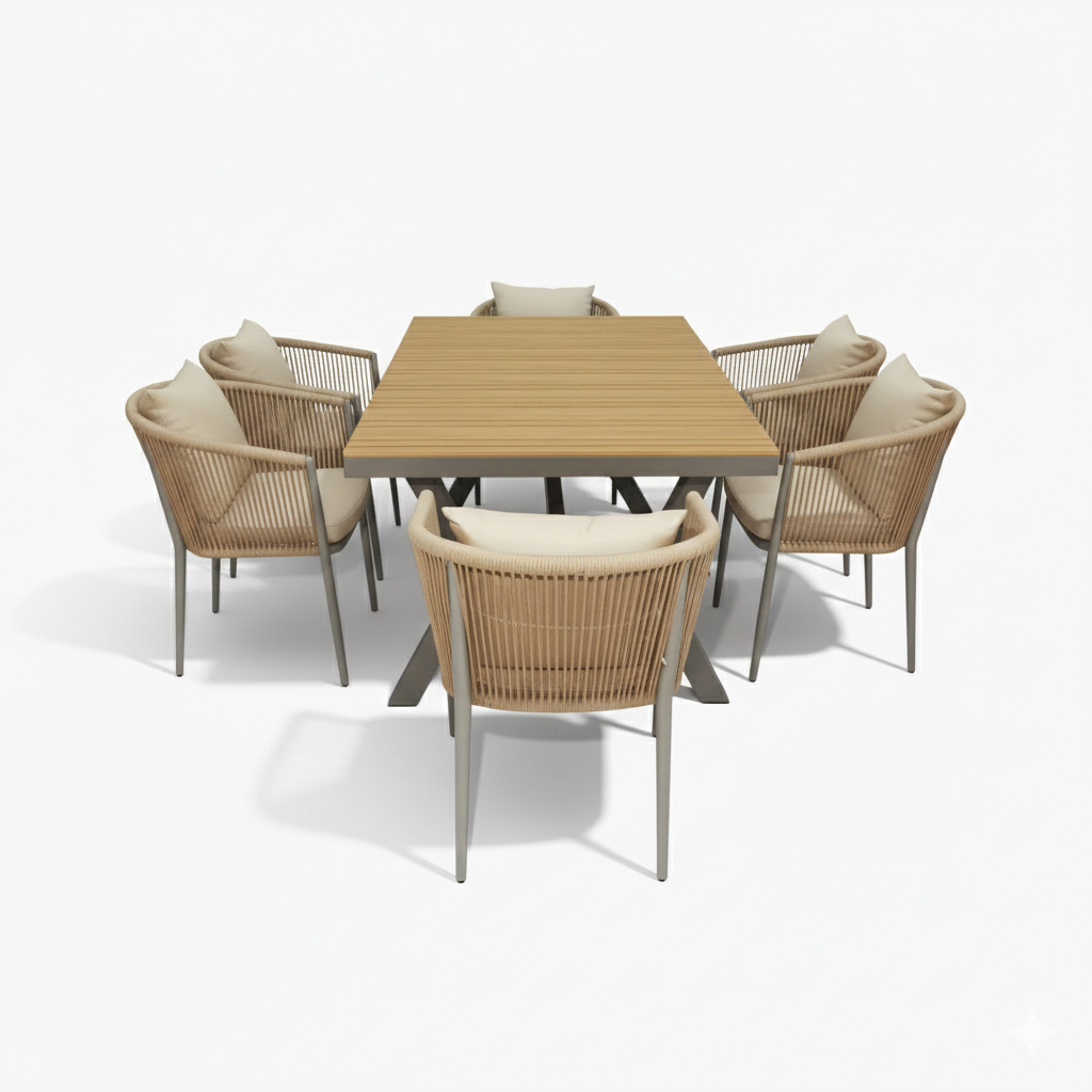 Patio Aluminum & WPC 6-Seater Outdoor Dining Set with Premium Cushions