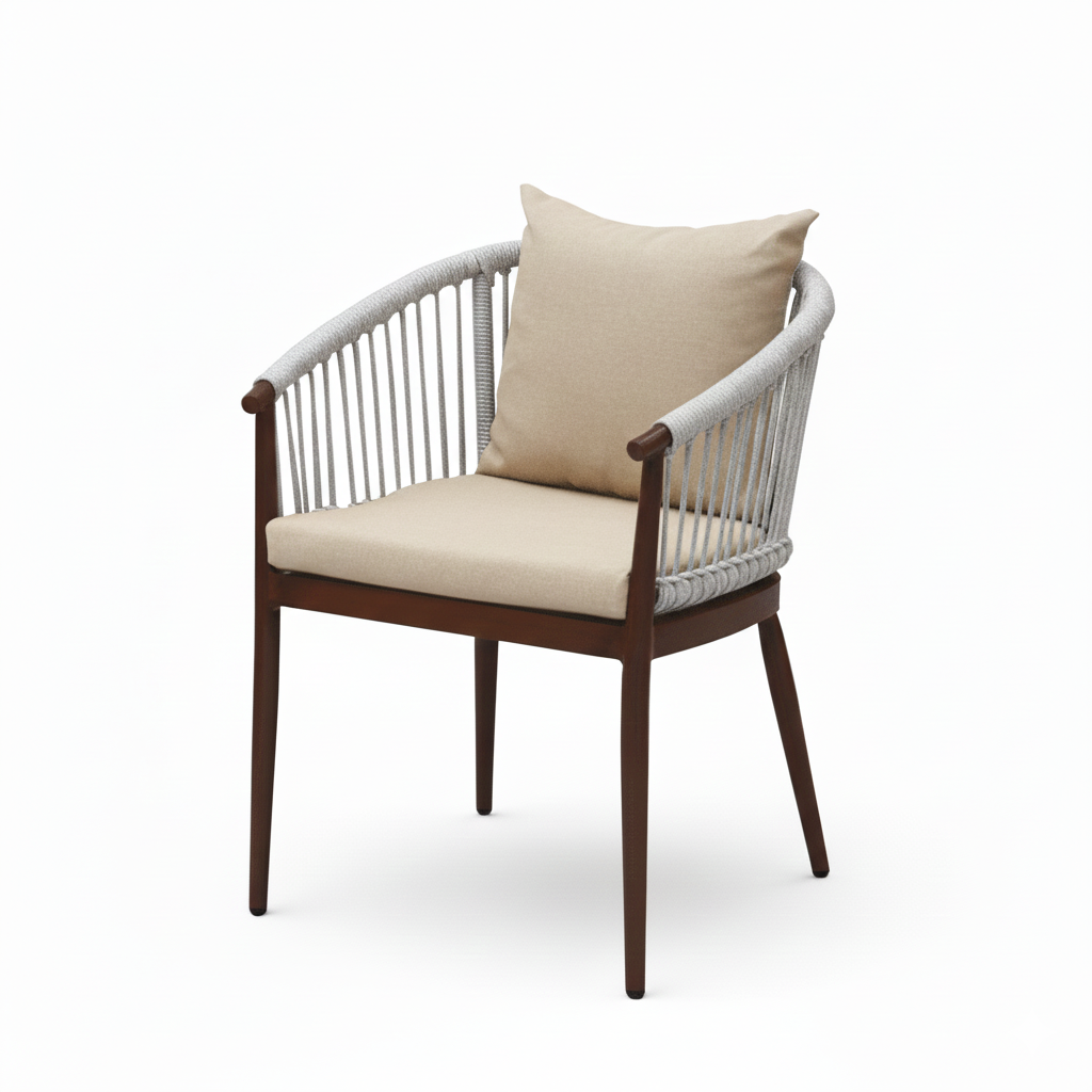 Patio Outdoor Aluminum Chair with Beige Cushion and Wood-Effect Frame
