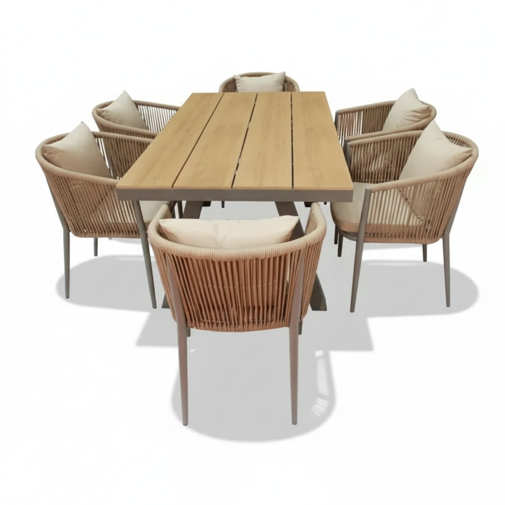 Patio Aluminum & WPC 6-Seater Garden Dining Set, Beige