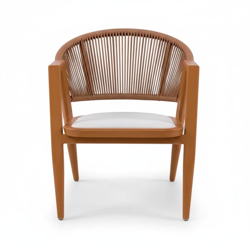 Patio Rope Dining Chair with Beige Cushion, Wood-Effect Frame