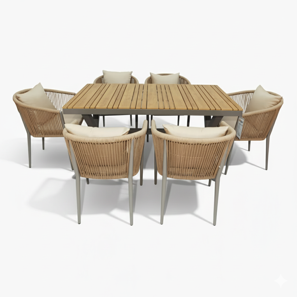 Patio Aluminum & WPC 6-Seater Outdoor Dining Set with Premium Cushions
