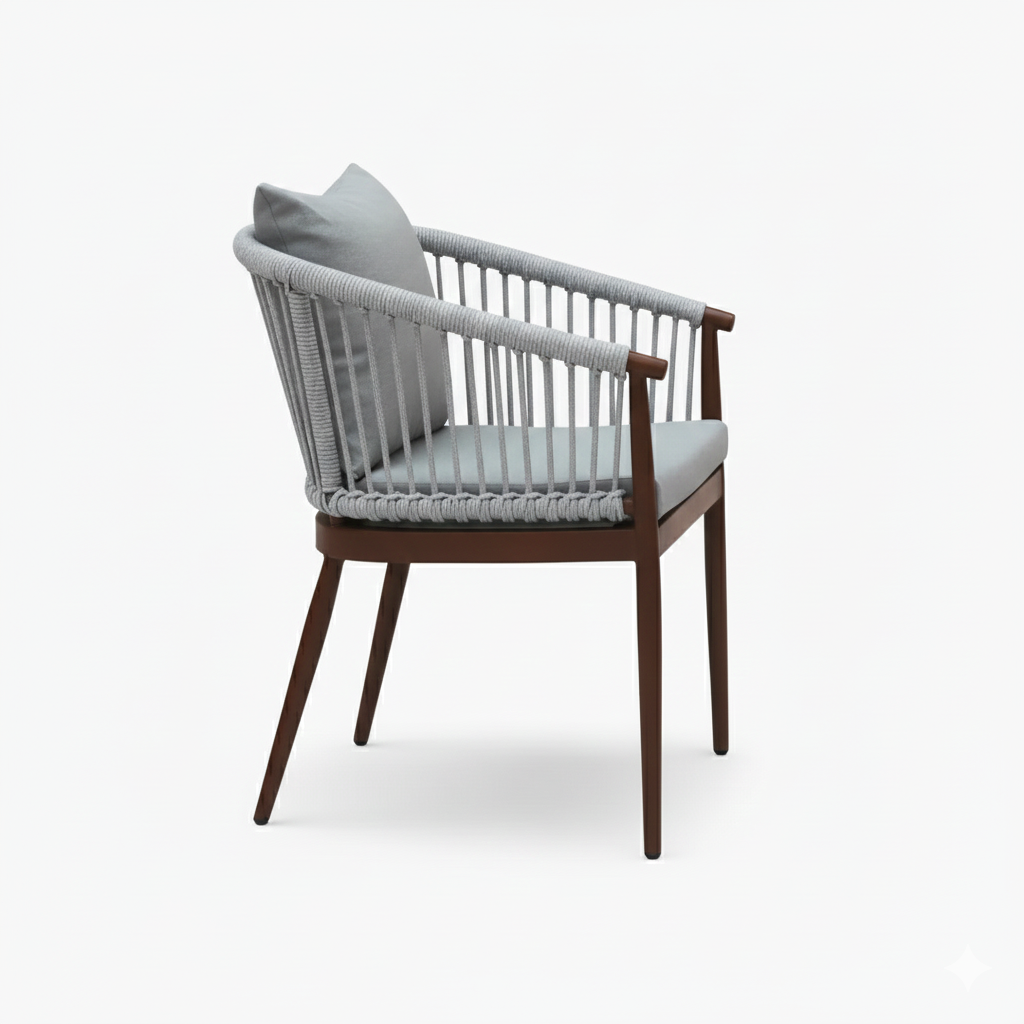 Patio Outdoor Aluminum Chair with Gray Cushion and Wood-Effect Frame