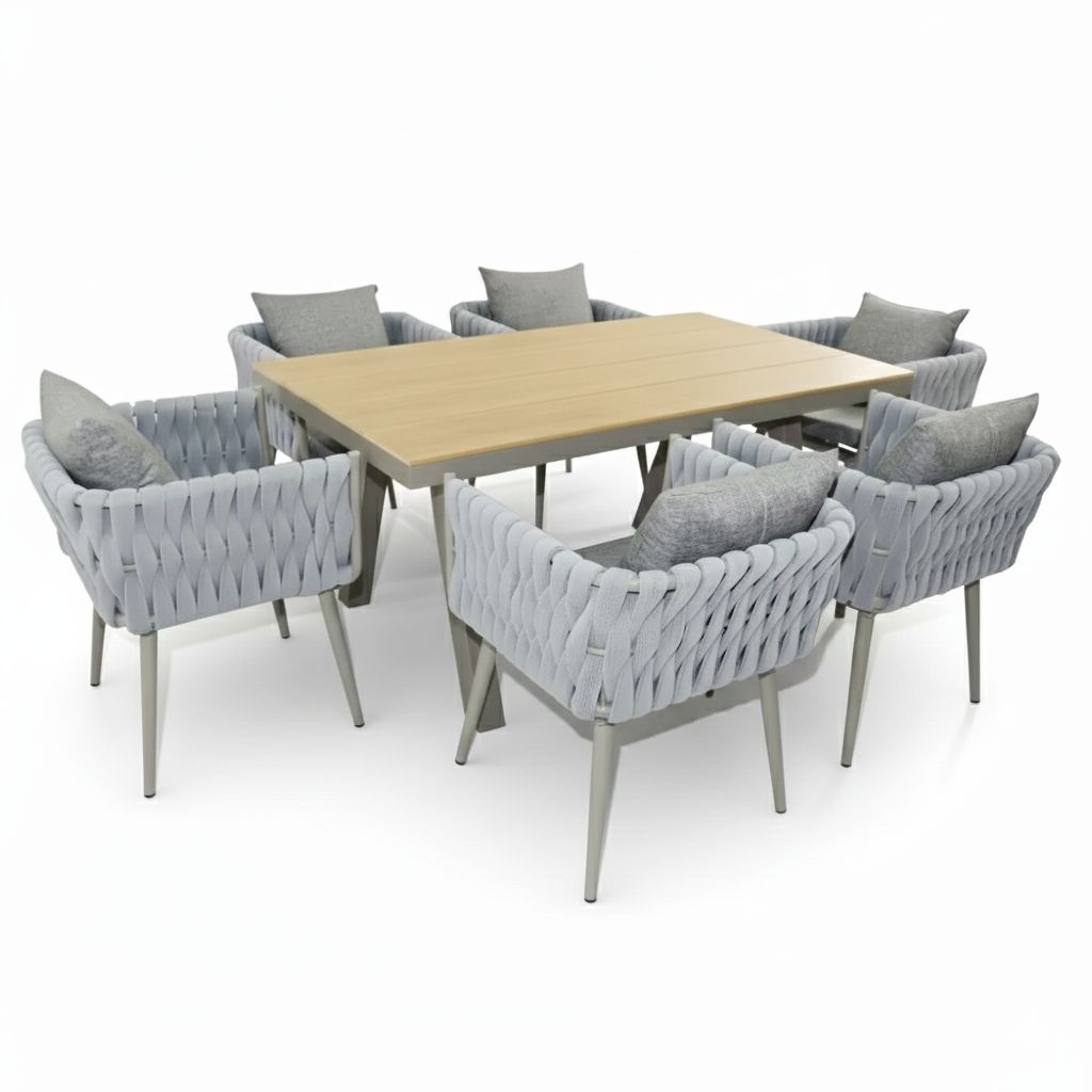 Patio Aluminum & WPC 6-Seater Outdoor Dining Set with Cushioned Chairs
