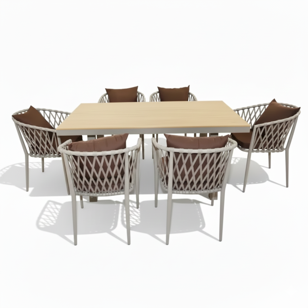 Patio Modern Aluminum WPC Outdoor Dining Set with Cushioned Chairs 6 Seater
