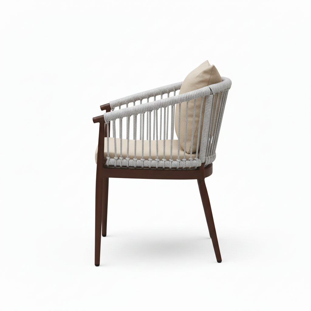 Patio Outdoor Aluminum Chair with Beige Cushion and Wood-Effect Frame
