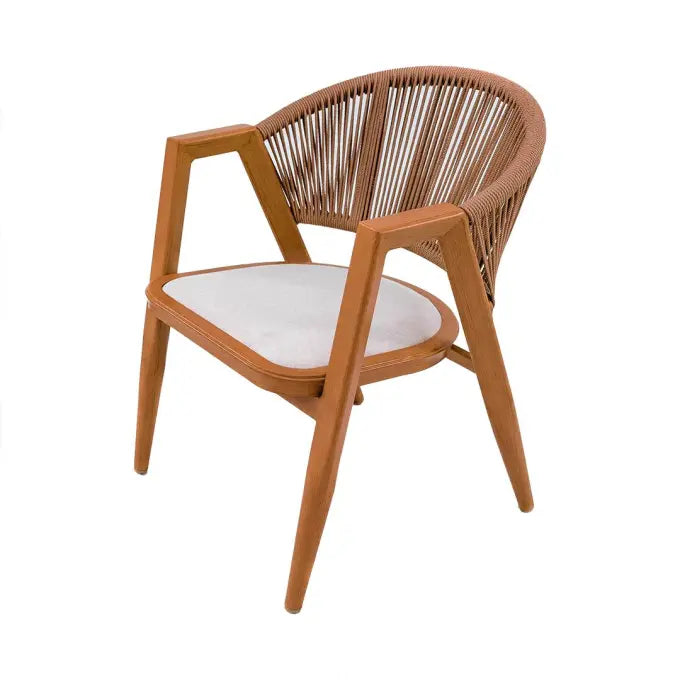 Patio Rope Dining Chair with Beige Cushion, Wood-Effect Frame
