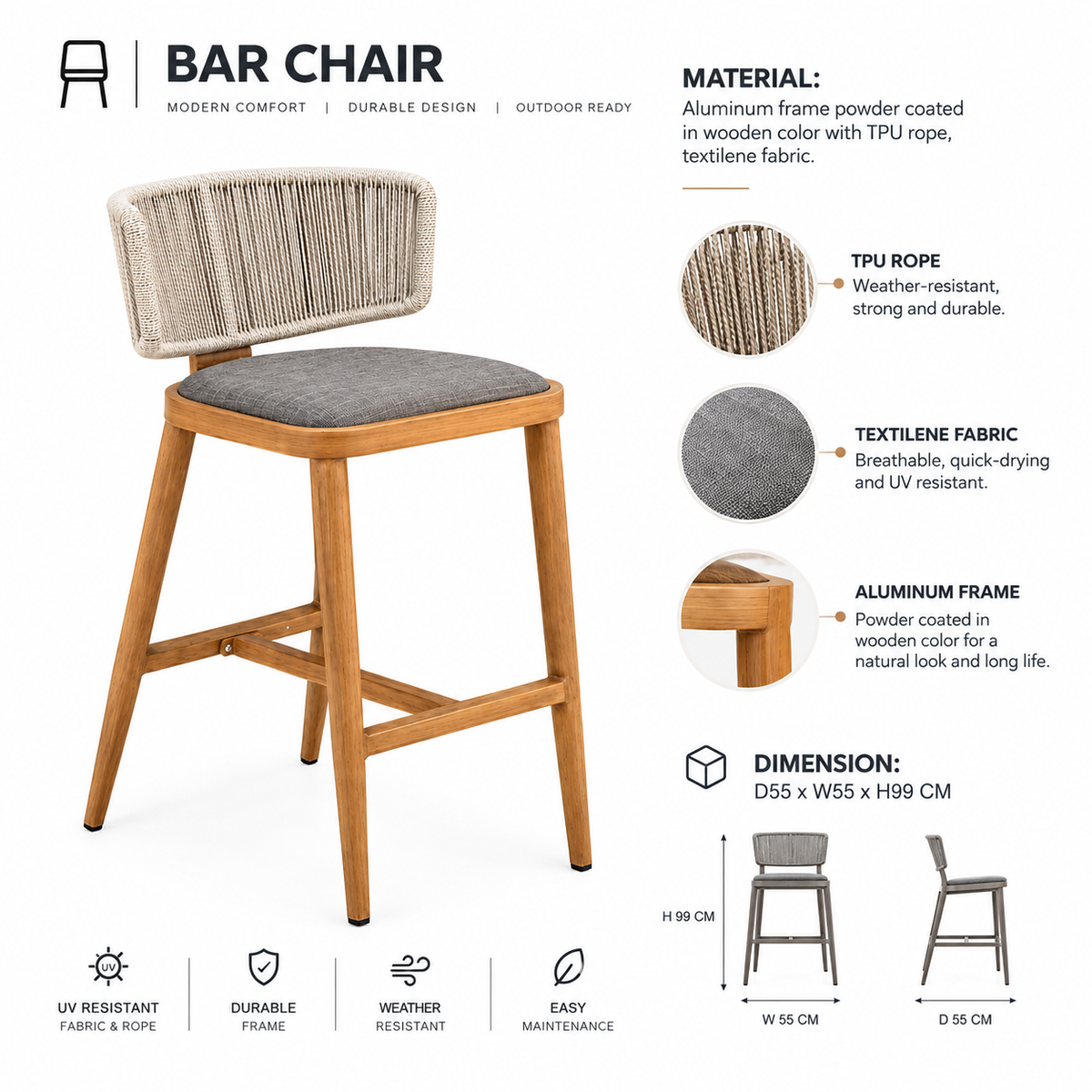 Patio Outdoor Bar Stool with Rope & Textilene Fabric - Wooden