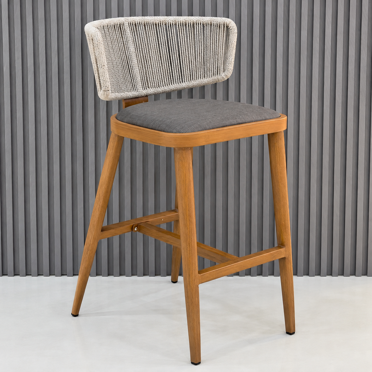 Patio Outdoor Bar Stool with Rope & Textilene Fabric - Wooden