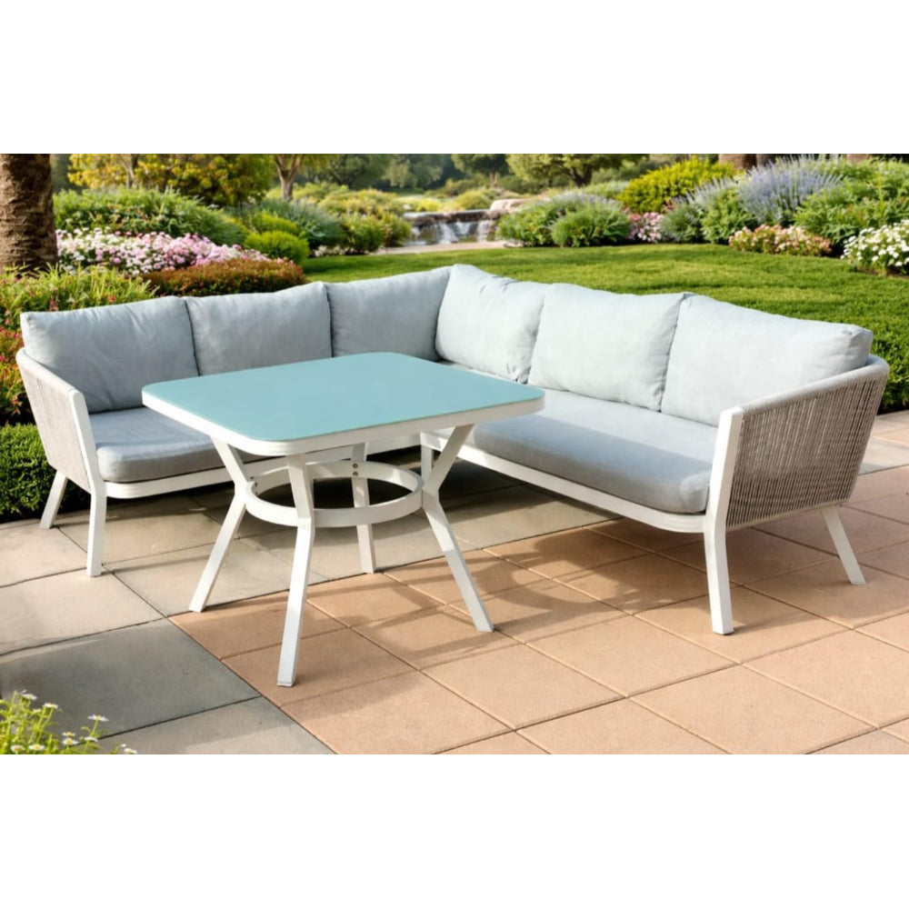 Positano Rope L-Shape Corner Sofa Set with Coffee Table — White Frame, Light Grey Cushions Secondary image