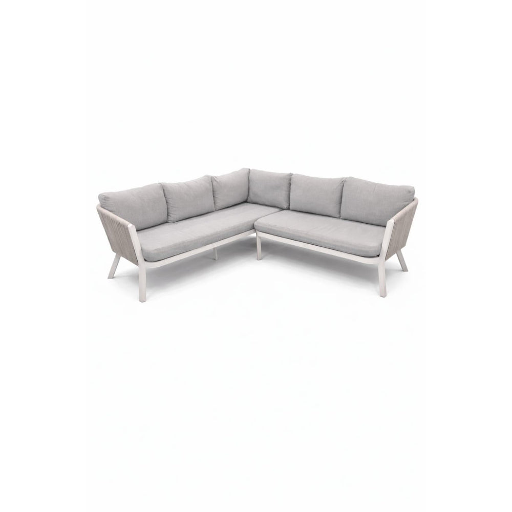 Positano Rope L-Shape Corner Sofa Set with Coffee Table — White Frame, Light Grey Cushions