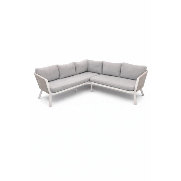 Positano Rope L-Shape Corner Sofa Set with Coffee Table — White Frame, Light Grey Cushions