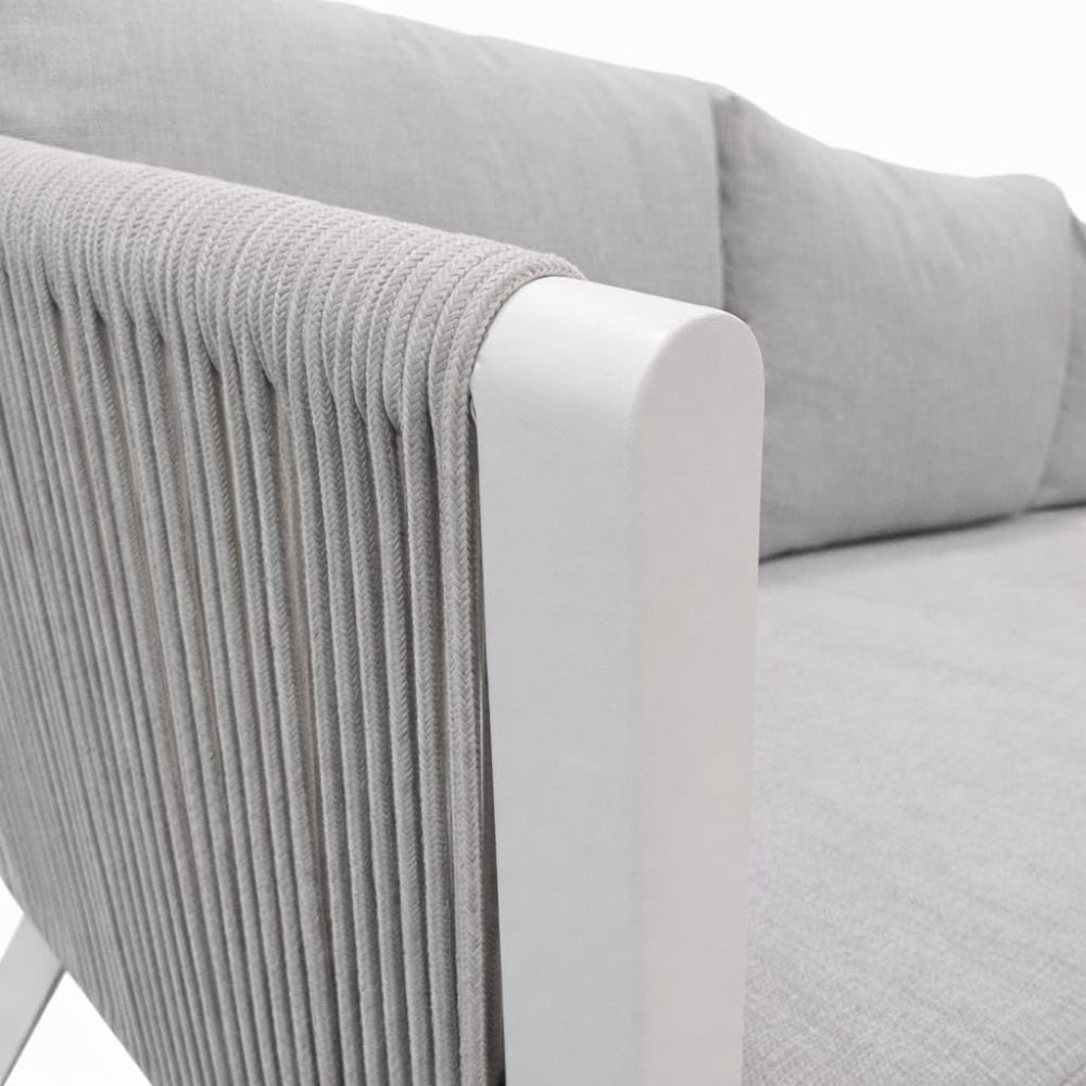 Positano Rope L-Shape Corner Sofa Set with Coffee Table — White Frame, Light Grey Cushions