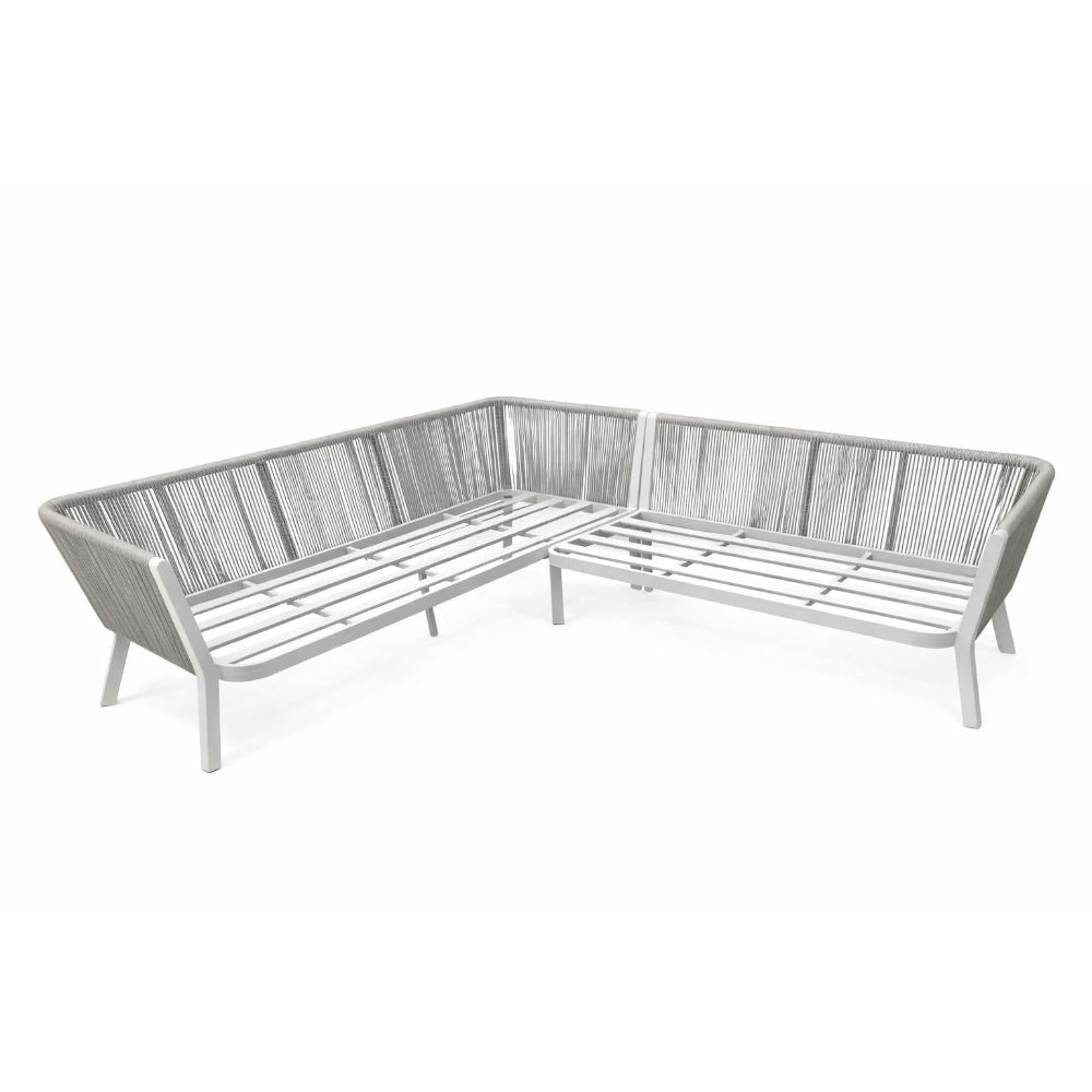 Positano Rope L-Shape Corner Sofa Set with Coffee Table — White Frame, Light Grey Cushions