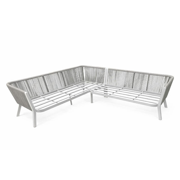 Positano Rope L-Shape Corner Sofa Set with Coffee Table — White Frame, Light Grey Cushions