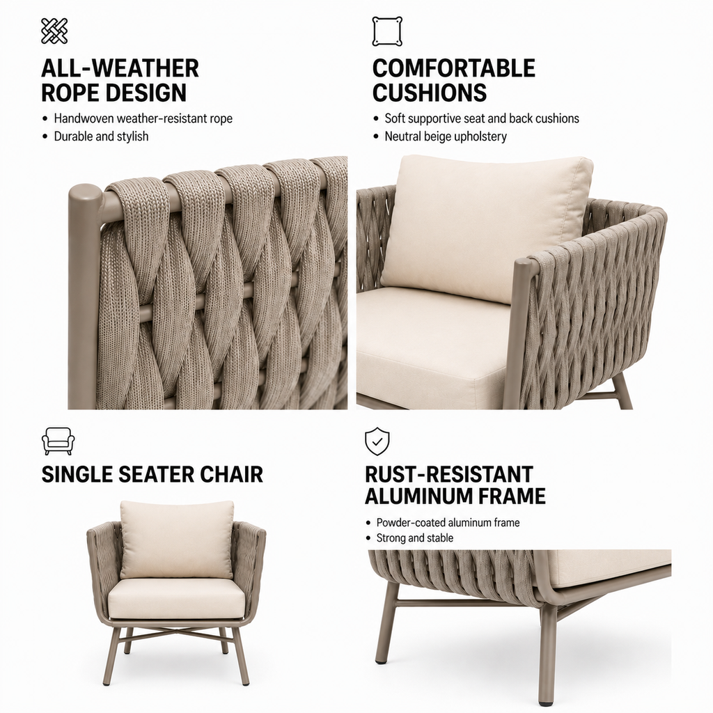 Marbella Rope 5-Seater Sofa Set — Resort Style Outdoor Set with Coffee Table