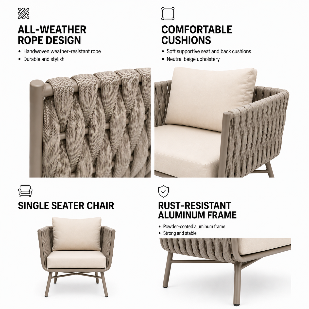 Marbella Rope 5-Seater Sofa Set — Resort Style Outdoor Set with Coffee Table