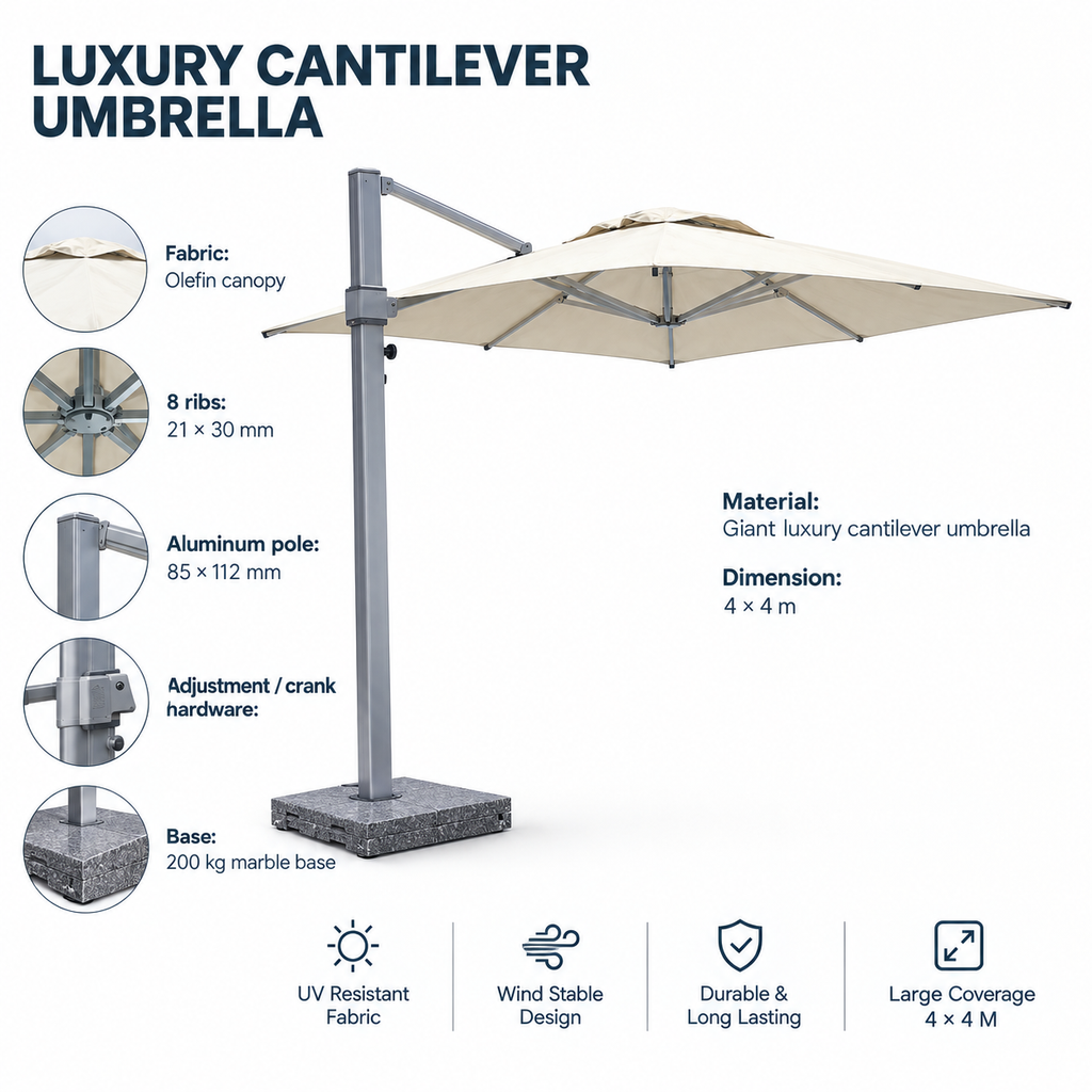 Patio 4x4M Giant Luxury Outdoor Cantilever Umbrella with Aluminum Frame & Olefin Canopy