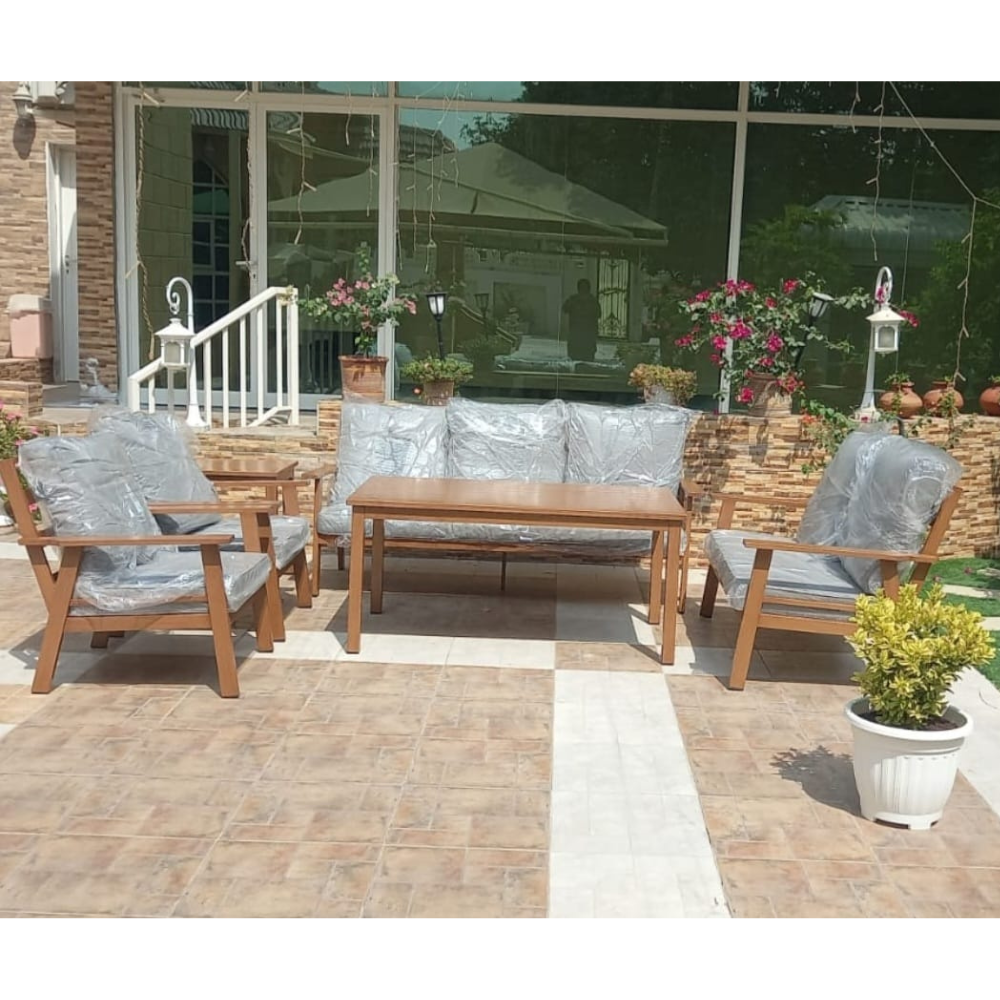 Patio Aluminum Outdoor Sofa Set with Cushions (Wood-Color Aluminum)