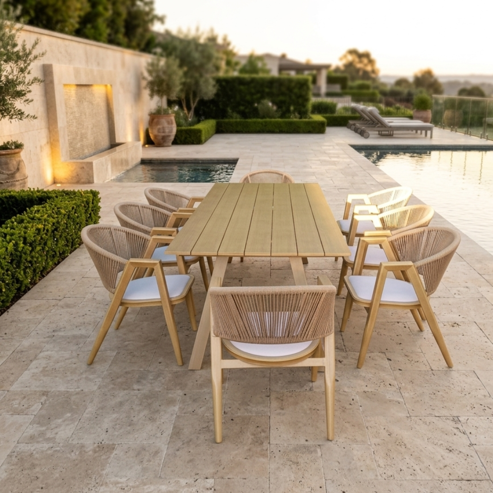 Patio Outdoor 8-Seater Aluminum Dining Set (Wood-Look Design)