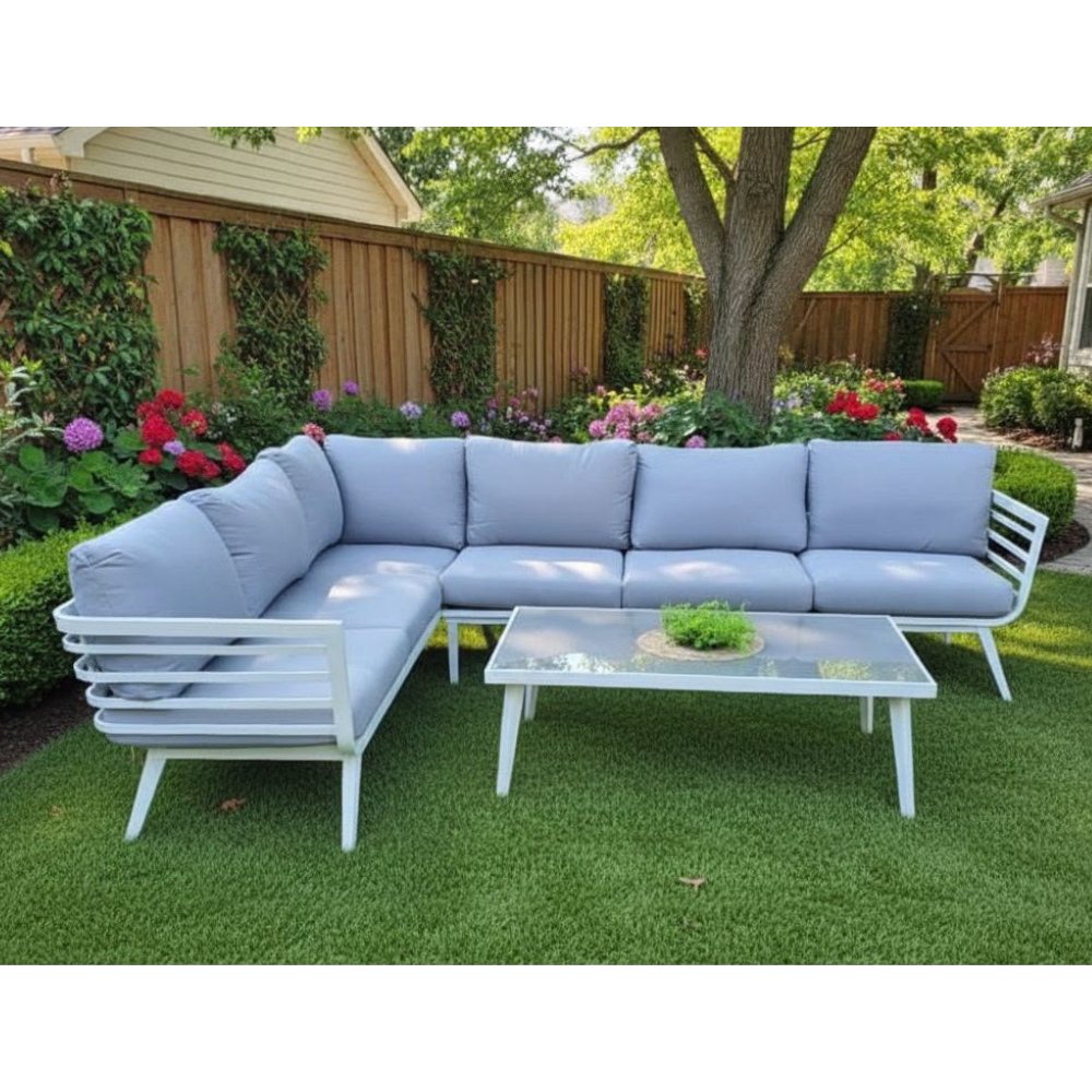 Patio White Aluminum Corner Sofa With Grey Cushions