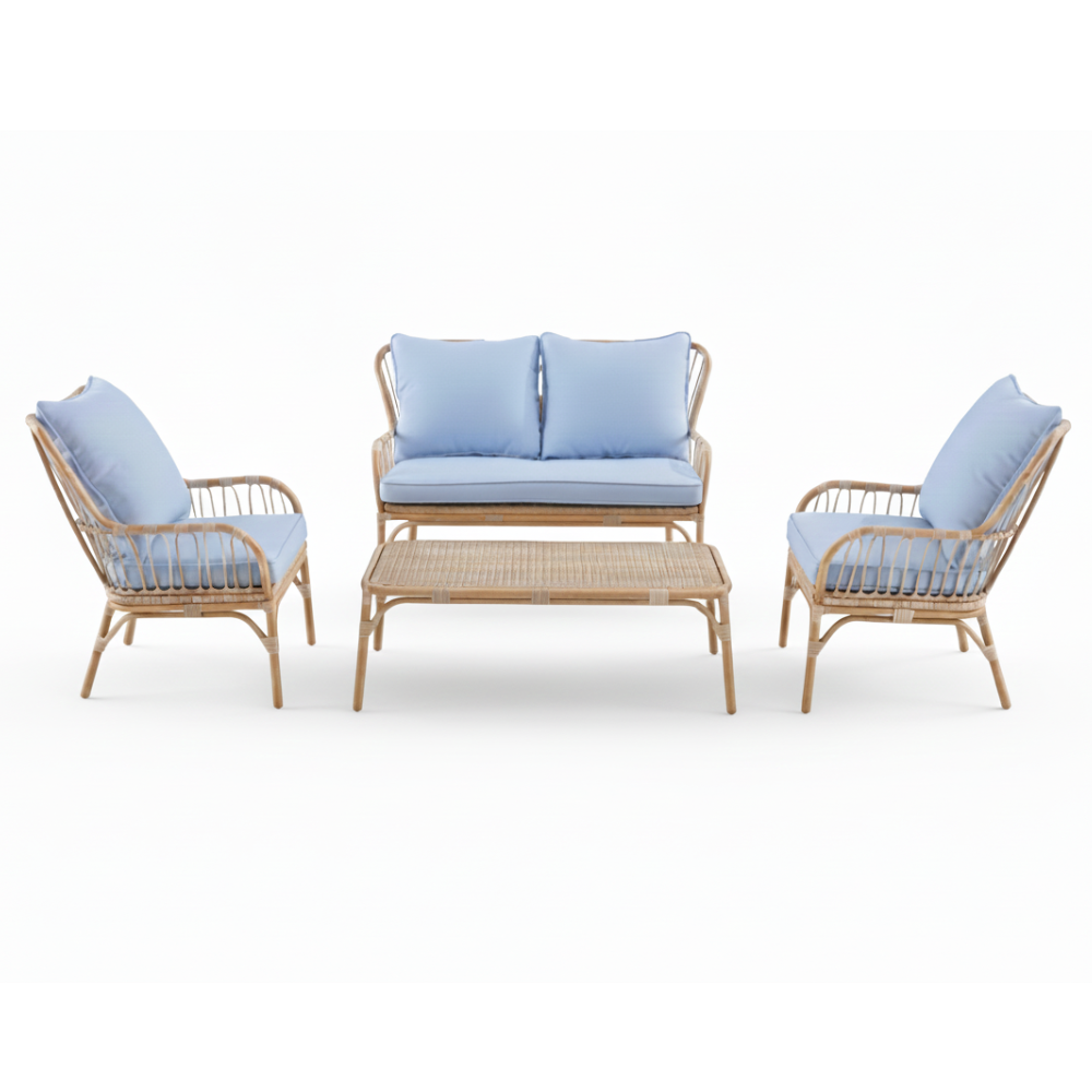 Patio 4-Seater Aluminum Lounge Set with Wood-Paint Finish & Blue Cushions