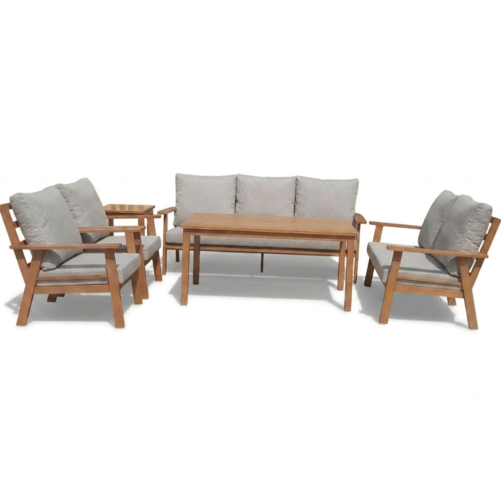 Patio Aluminum Outdoor Sofa Set with Cushions (Wood-Color Aluminum)