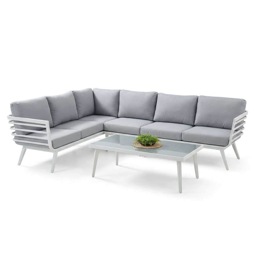 Patio White Aluminum Corner Sofa With Grey Cushions