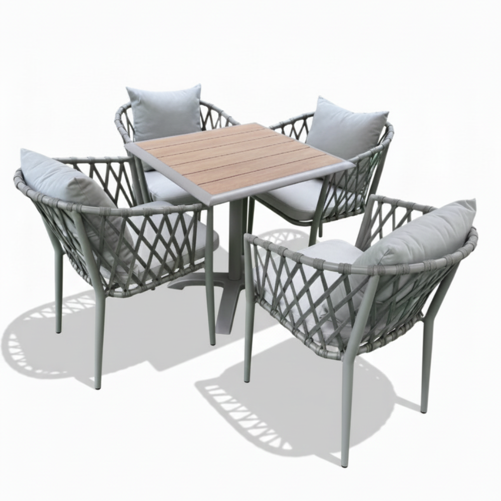 Patio WovenLine 4-Seater Outdoor Dining Set with Aluminum Frame & Wood-Effect Tabletop
