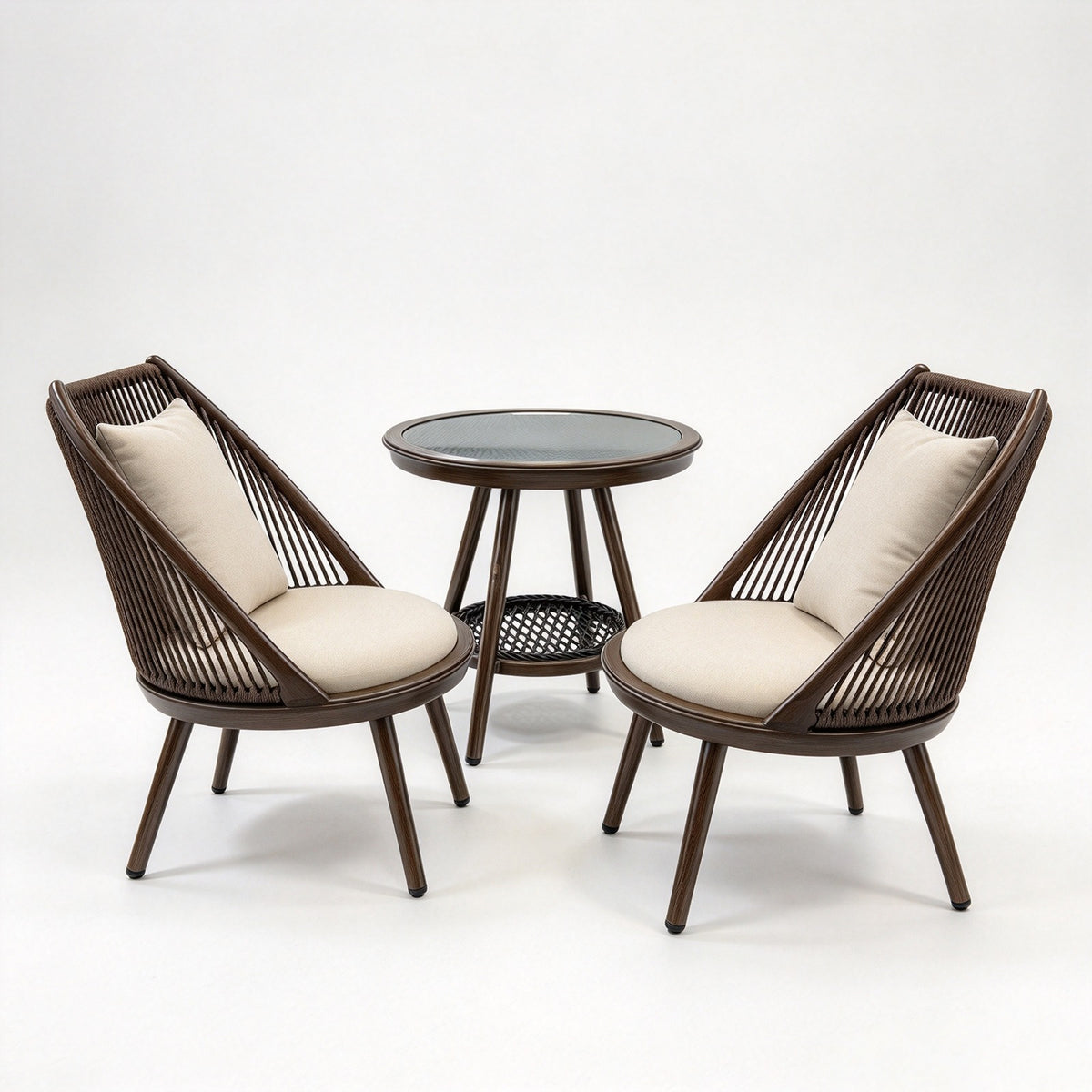 Patio Rope 3-Piece Outdoor Balcony Set with Oak-Finish Aluminum Frame - Oak