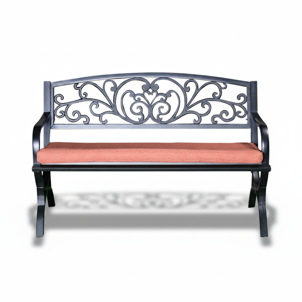 Patio Black Steel Garden Bench with Cushioned Seat
