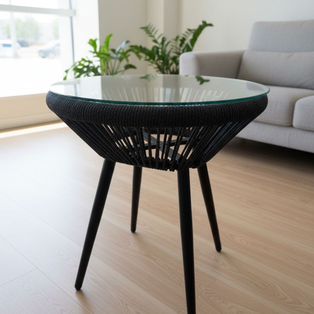 Patio Modern Woven Accent Table with Glass Top