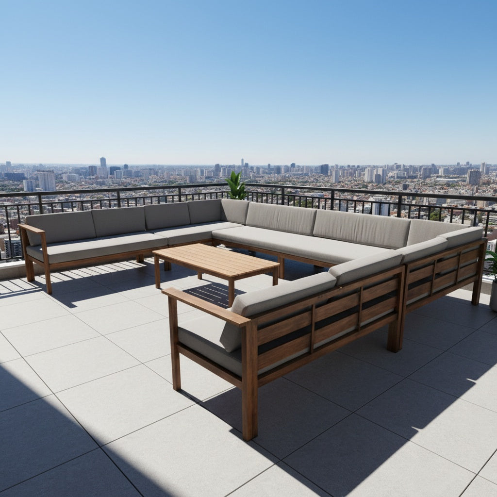 Patio Luxury Outdoor U-Shaped Sofa Set Aluminum Frame with Wood-Finish - Weather-Resistant Cushions
